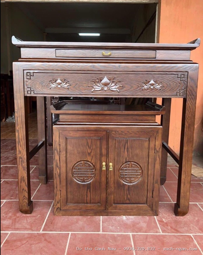 Bàn thờ 3 tầng gỗ sồi kèm đôn 3 tầng triện dơi 