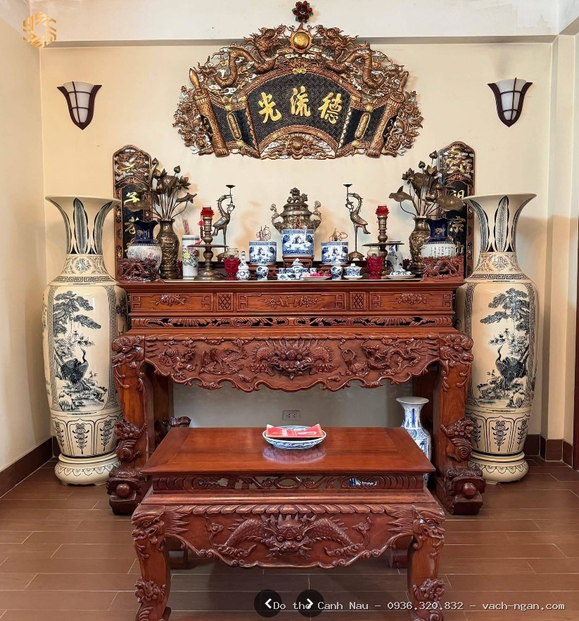 Bàn Thờ Gỗ Hương Chạm Triện Ngũ Phúc Dơi Thọ