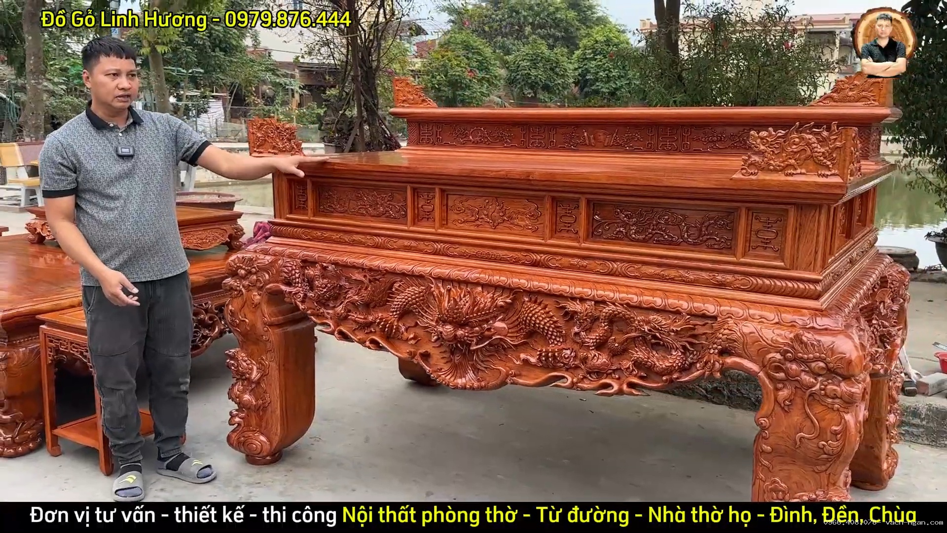 Sập thờ Tứ Linh gỗ hương đá liền khối 10 phân 