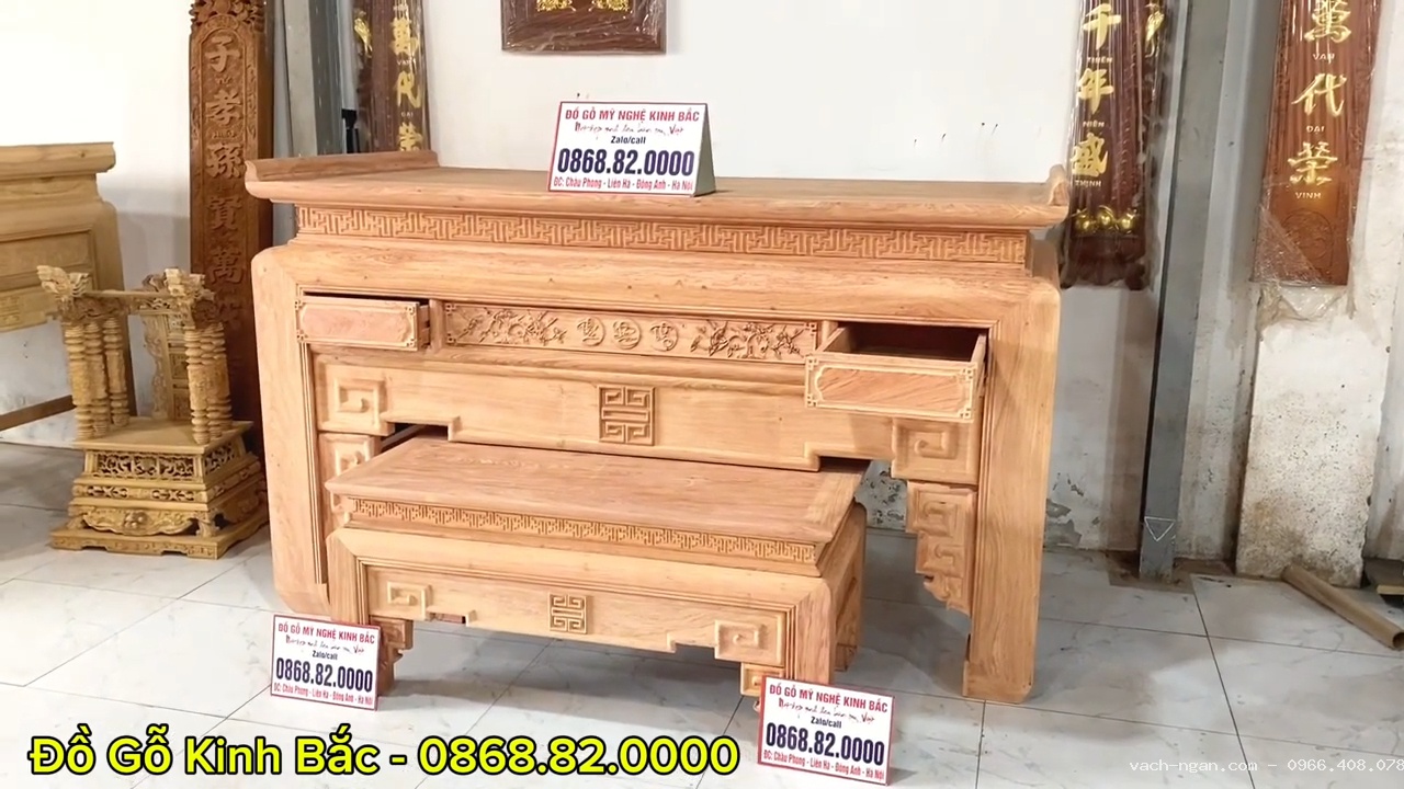 Án gian thờ chân 16 mẫu đục triện Phúc Lộc Thọ gỗ hương đá có ngăn kéo