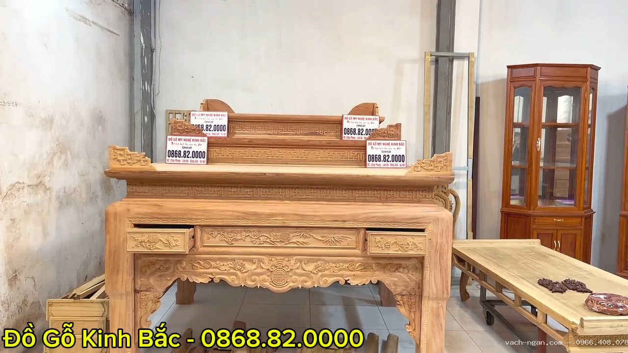 Án gian thờ tam cấp chân 16 đục chân cong, dạ như ý gỗ hương đá Nam Phi