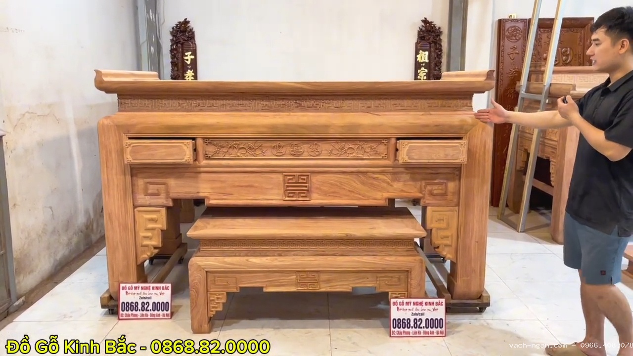 Bàn thờ án gian chân 16 đục triện Phúc Lộc Thọ gỗ hương đá Nam Phi