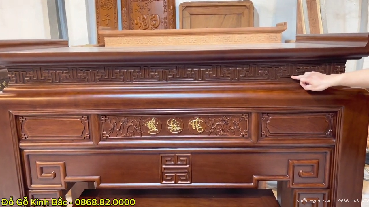 2 bộ án gian thờ mẫu triện Phúc Lộc Thọ gỗ hương đá Nam Phi sơn màu óc chó