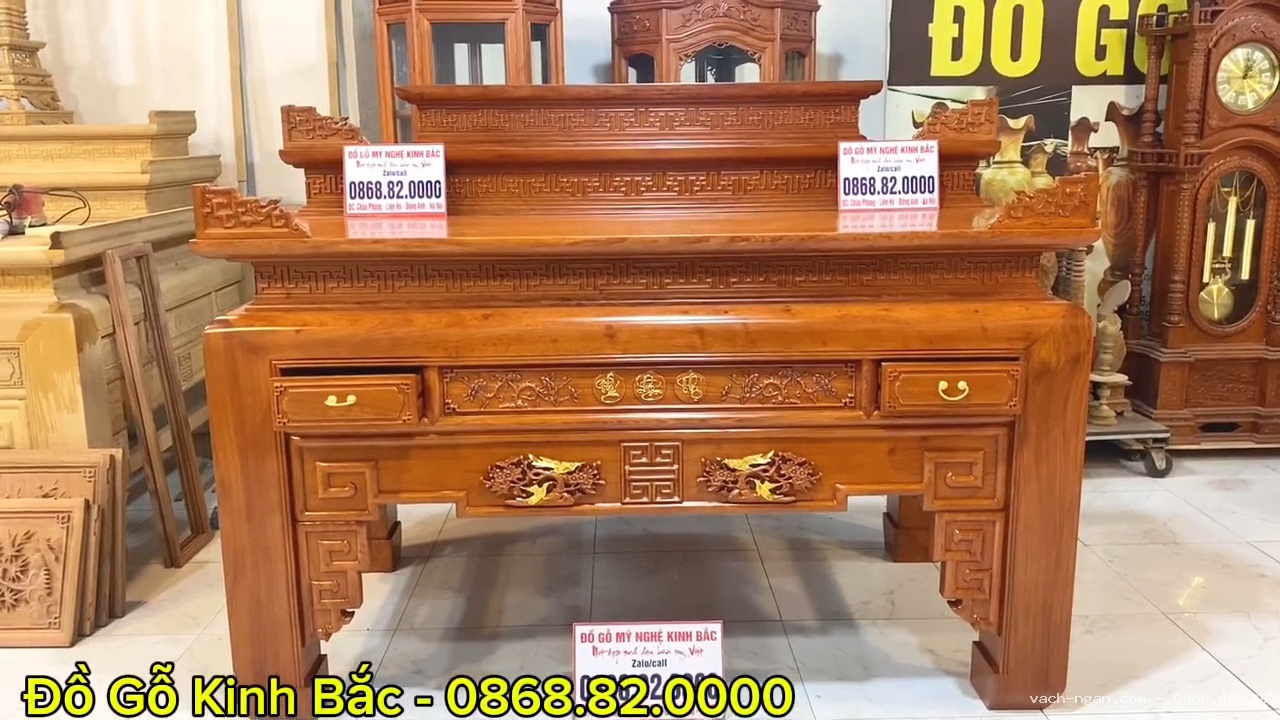 Án gian thờ tam cấp chân 18 đục triện Phúc Lộc Thọ gỗ hương đá