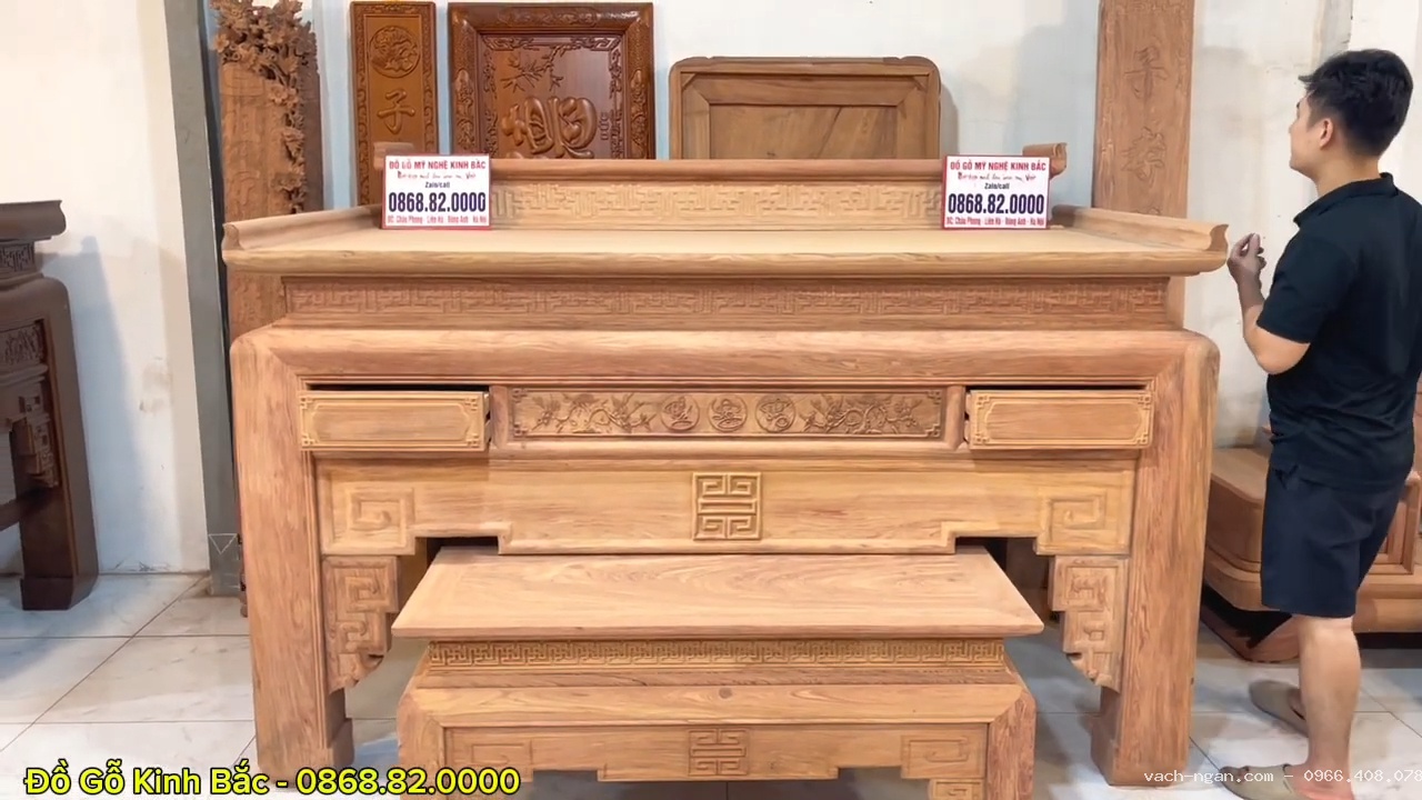 Bộ bàn thờ án gian nhị cấp chân 16 gỗ hương đá Nam Phi kèm bàn cơm