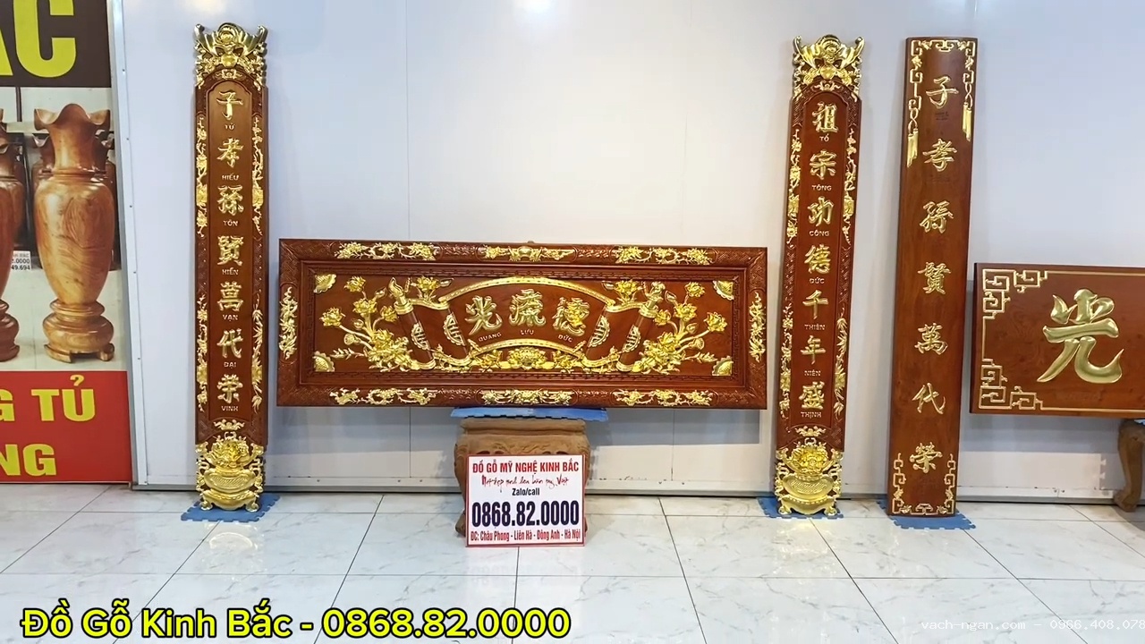 Bộ hoành phi câu đối lồng cuốn thư hoa sen dát vàng gỗ cao cấp