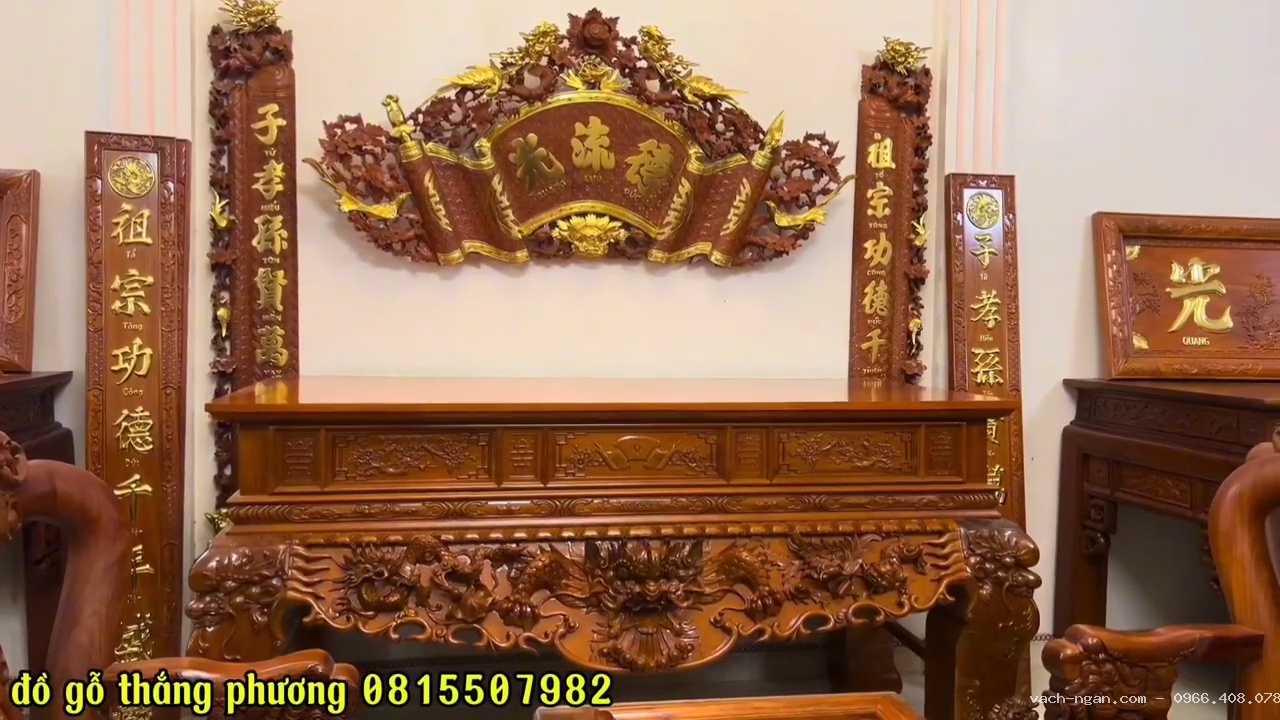 Combo phòng thờ gồm sập thờ Tứ Linh kết hợp cuốn thư câu đối đục tay tinh xảo