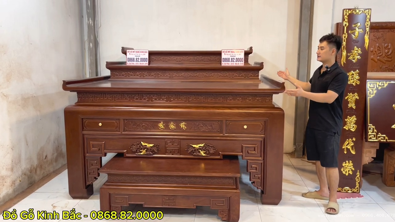 Bộ combo phòng thờ đục Phúc Lộc Thọ và hoành phi câu đối liền khối liền tấm