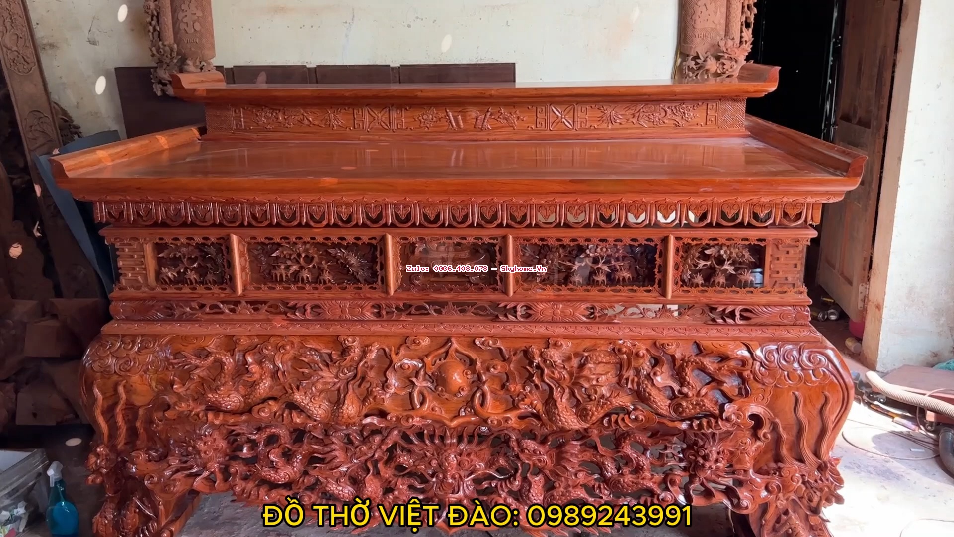 Bàn thờ Dạ kép đục Song Long trầu nguyệt gỗ hương đá Nam Phi Dạ liền khối dày 10 phân