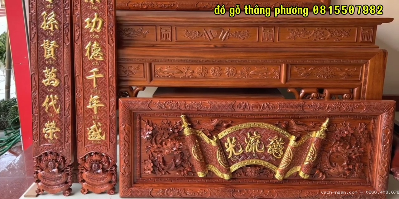 Bộ hoành phi câu đối gỗ hương đá Nam Phi đục tay mẫu lồng cuốn thư