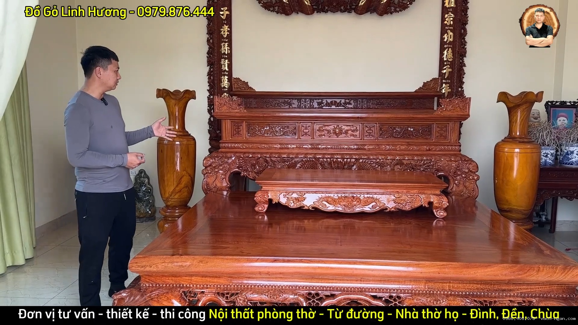Sập thờ Tứ Linh gỗ hương đá hoàn thiện cho không gian phòng thờ tầng ba tại Thanh Trì Hà Nội
