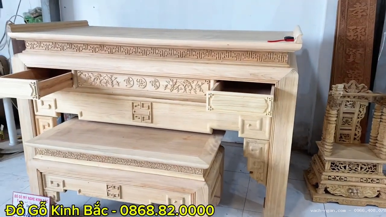 Án gian thờ triện Phúc Lộc Thọ gỗ gụ chân 14 kèm bàn cơm gỗ gụ