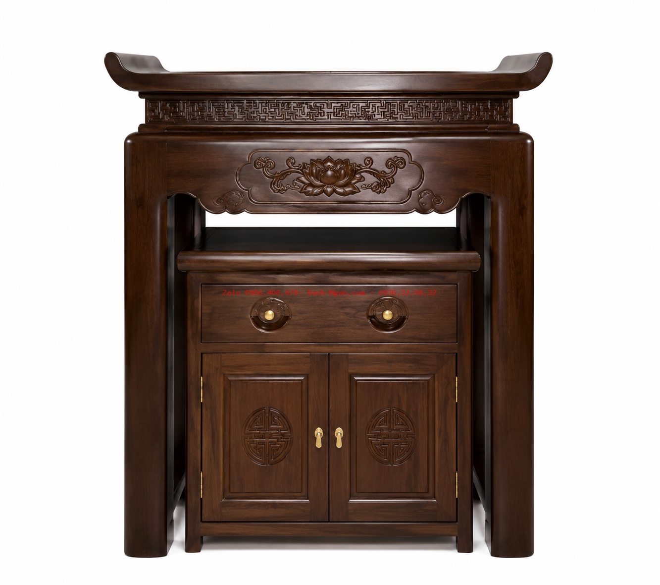 Bàn thờ gỗ sồi triện sen cuốn thư kích thước nhỏ gọn cho không gian chung cư