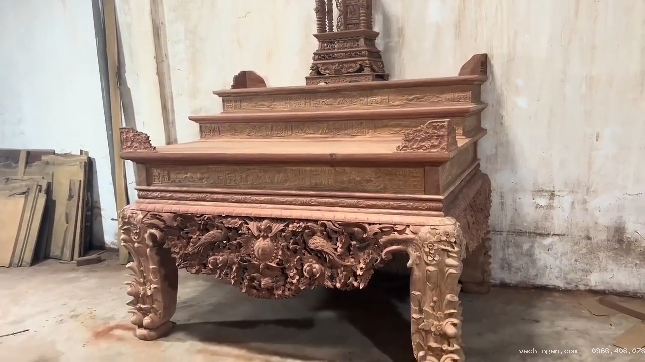 Bàn Thờ Tam Cấp Gỗ Hương Đá Chân 24cm Cực Khủng - Mẫu Bàn Thờ Vua Sập Thờ Đục Tay