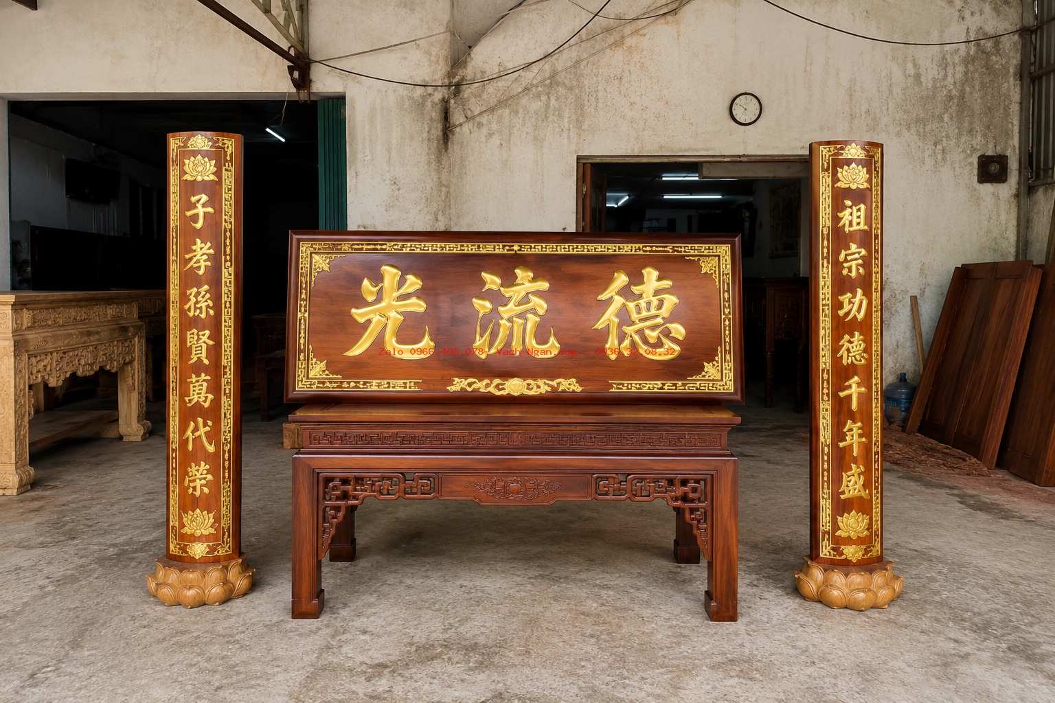 Bộ Hoành Phi Câu Đối Trơn Gỗ Hương Đá Nguyên Khối Vân Đẹp Với Thiết Kế Nhẹ Nhàng