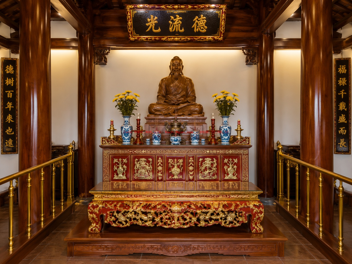 Lắp đặt hương án dạ kép và bệ khám tại đền thờ Tuệ Trung Thượng Sĩ Trần Tung ở Mỹ Cụ, Thủy Nguyên, Hải Phòng