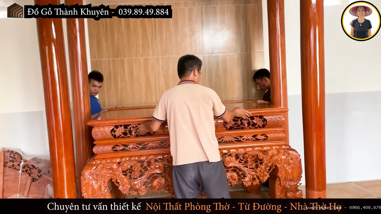 Combo phòng thờ gia đình tại Quảng Bình với bàn công đồng quay tứ diện và cuốn thư câu đối gỗ hương đá