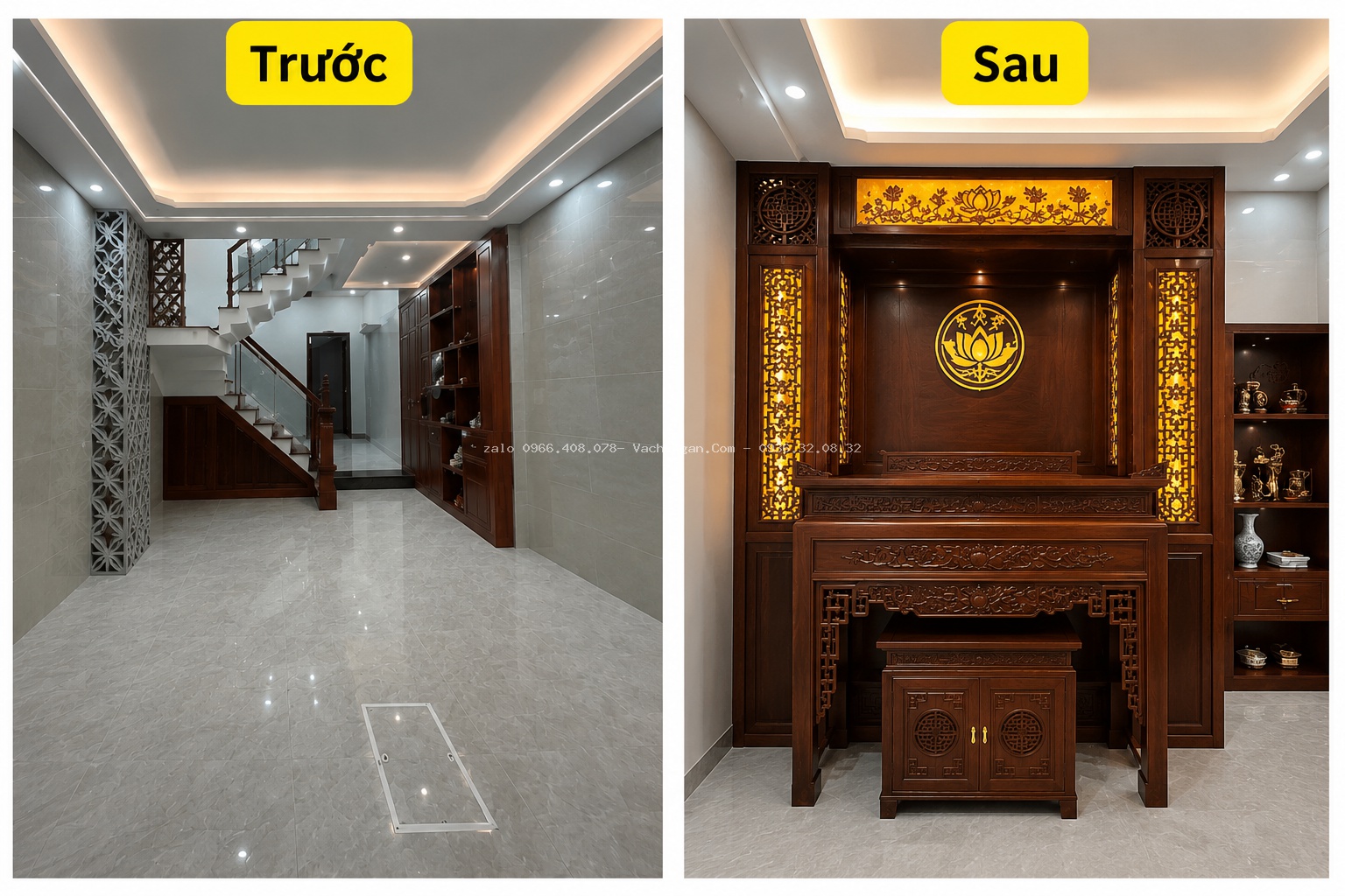 Phòng Thờ Kết Hợp Phòng Khách Với Bàn Thờ Gỗ Sồi 1,97 m Và Vách Ngăn Khép Kín