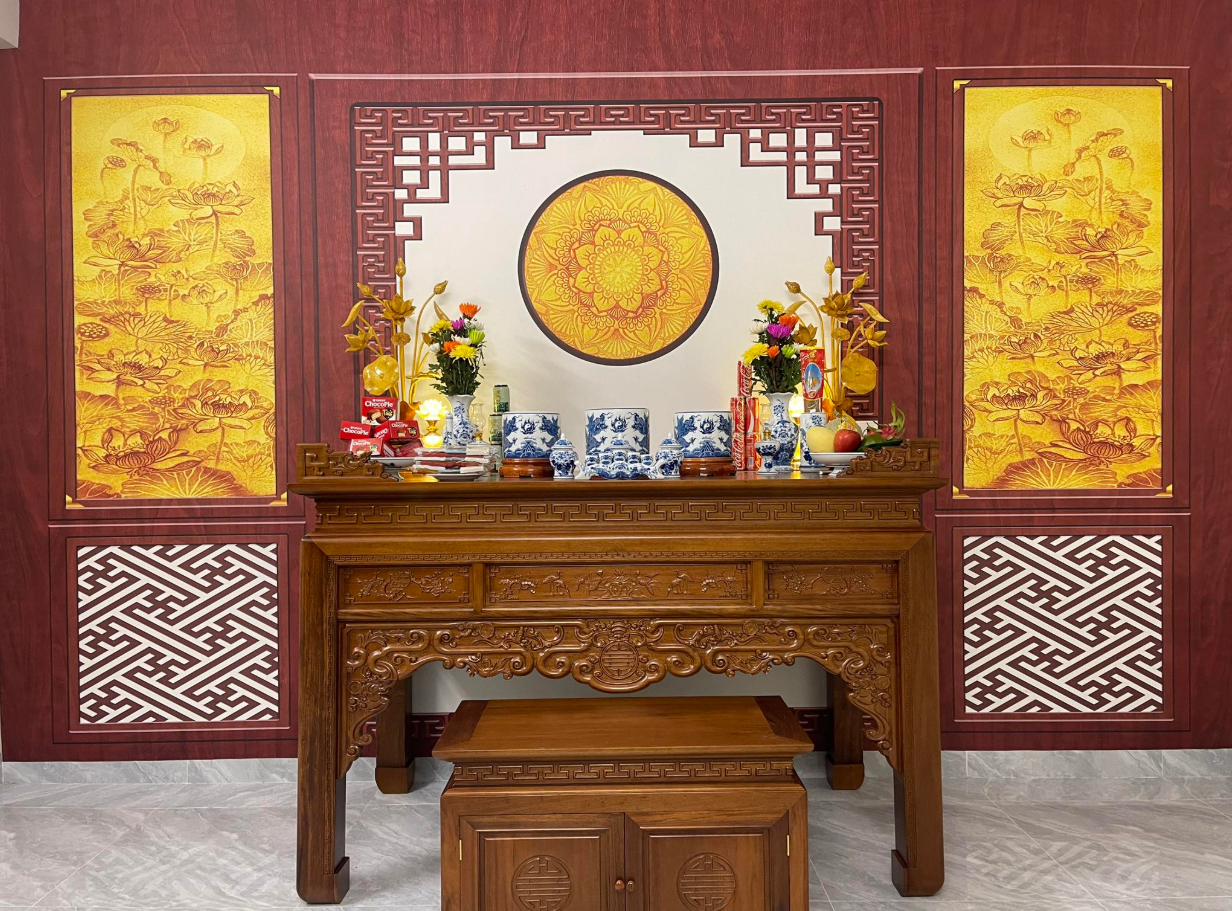 Sập thờ Tứ Linh gỗ hương Nam Phi sơn giả gụ