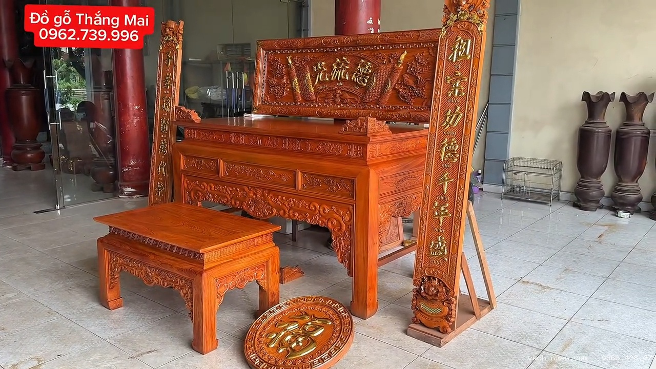 Combo án gian thờ ngũ phúc kim tiền mai cài thọ kết hợp hoành phi và tranh chữ phúc