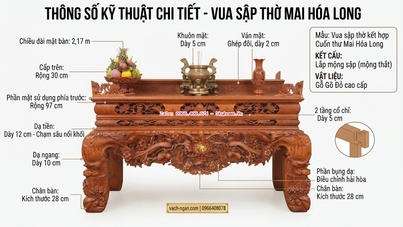 Vua sập thờ kết hợp cuốn thư Mai Hóa Long đục chữ Phúc Lộc Thọ cho khách miền Nam